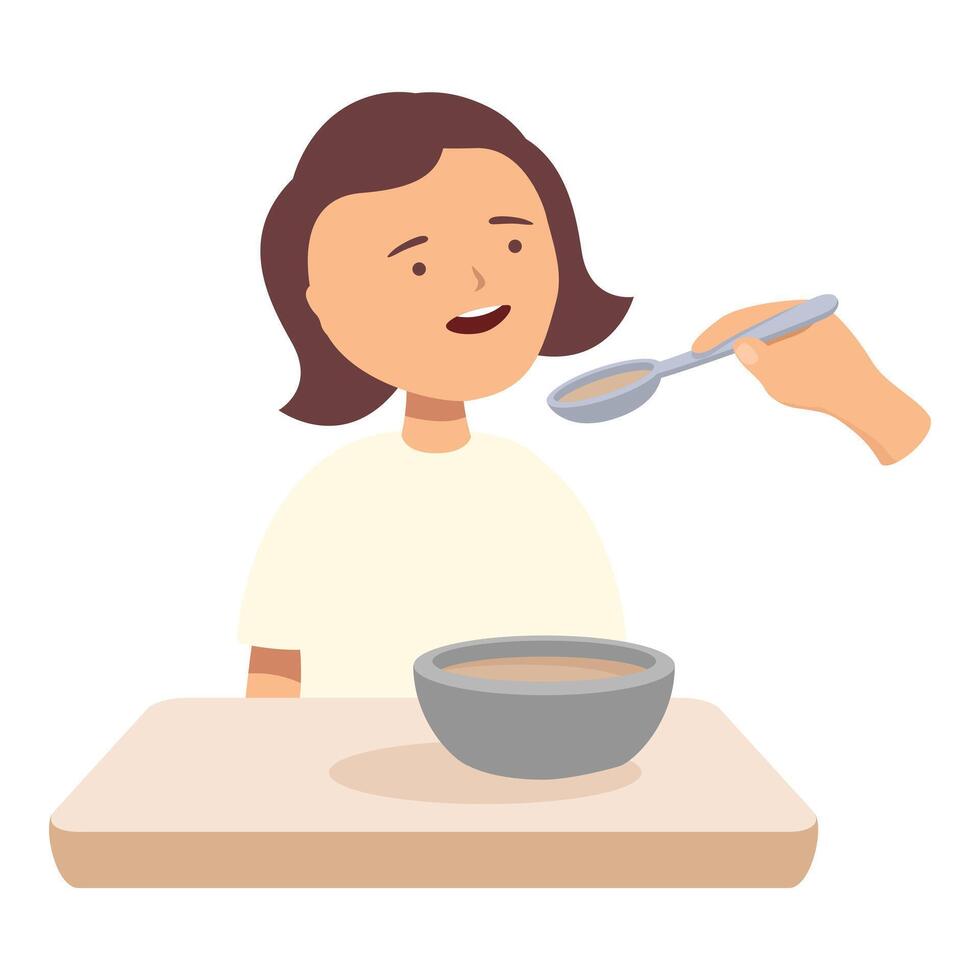 Nurse feeding a young patient sitting at a table with a spoonful of food vector