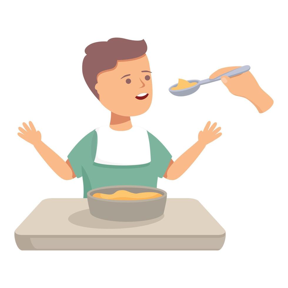 Illustration of a happy baby boy eating baby food and enjoying mealtime vector