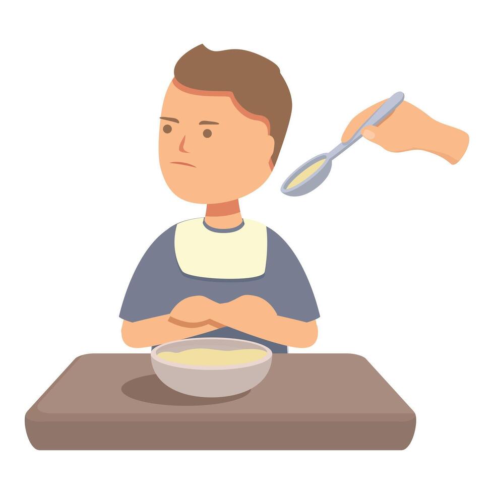 Stubborn kid refusing to eat sitting at table with bowl and spoon vector
