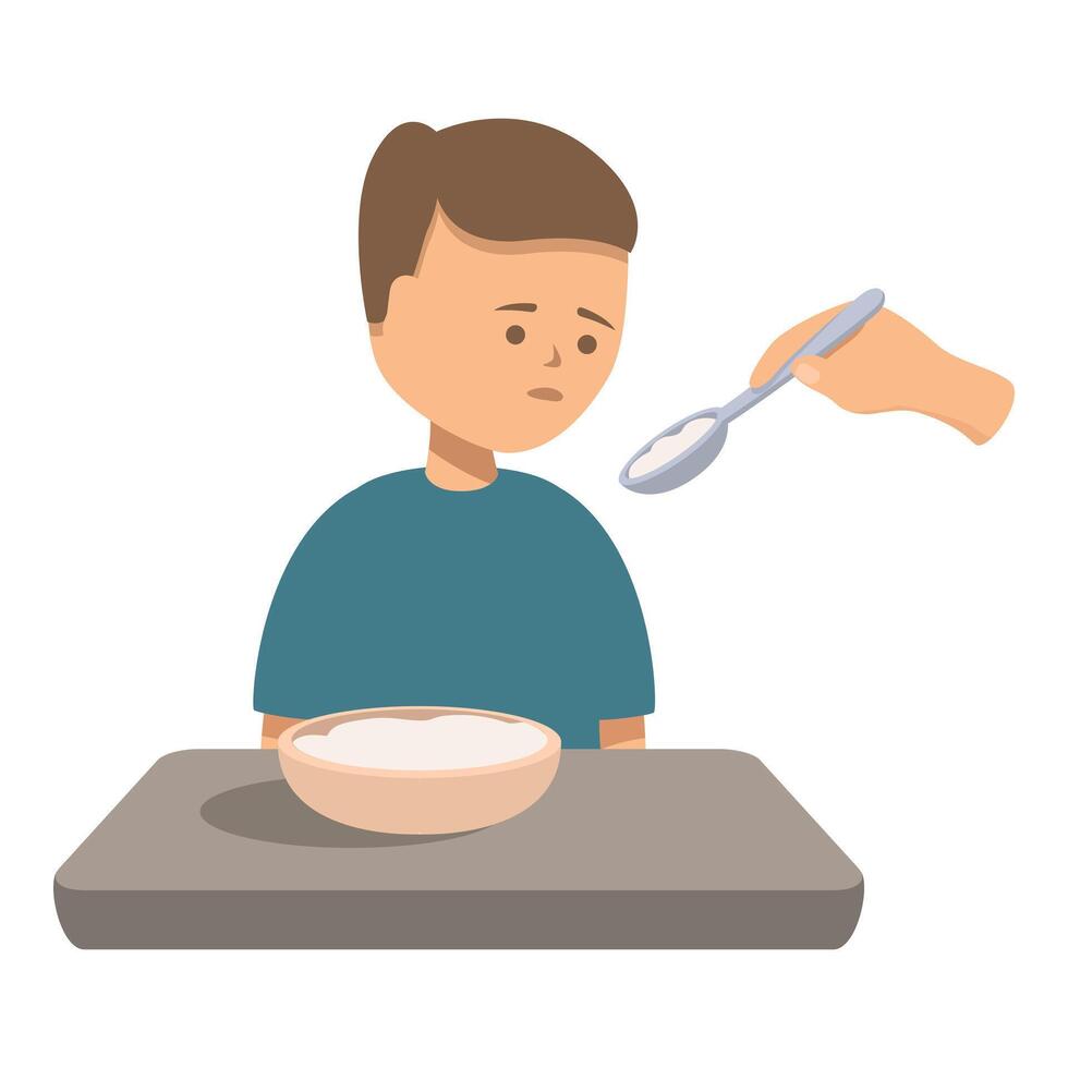 Sad boy refusing to eat porridge offered by a nurse in a hospital vector