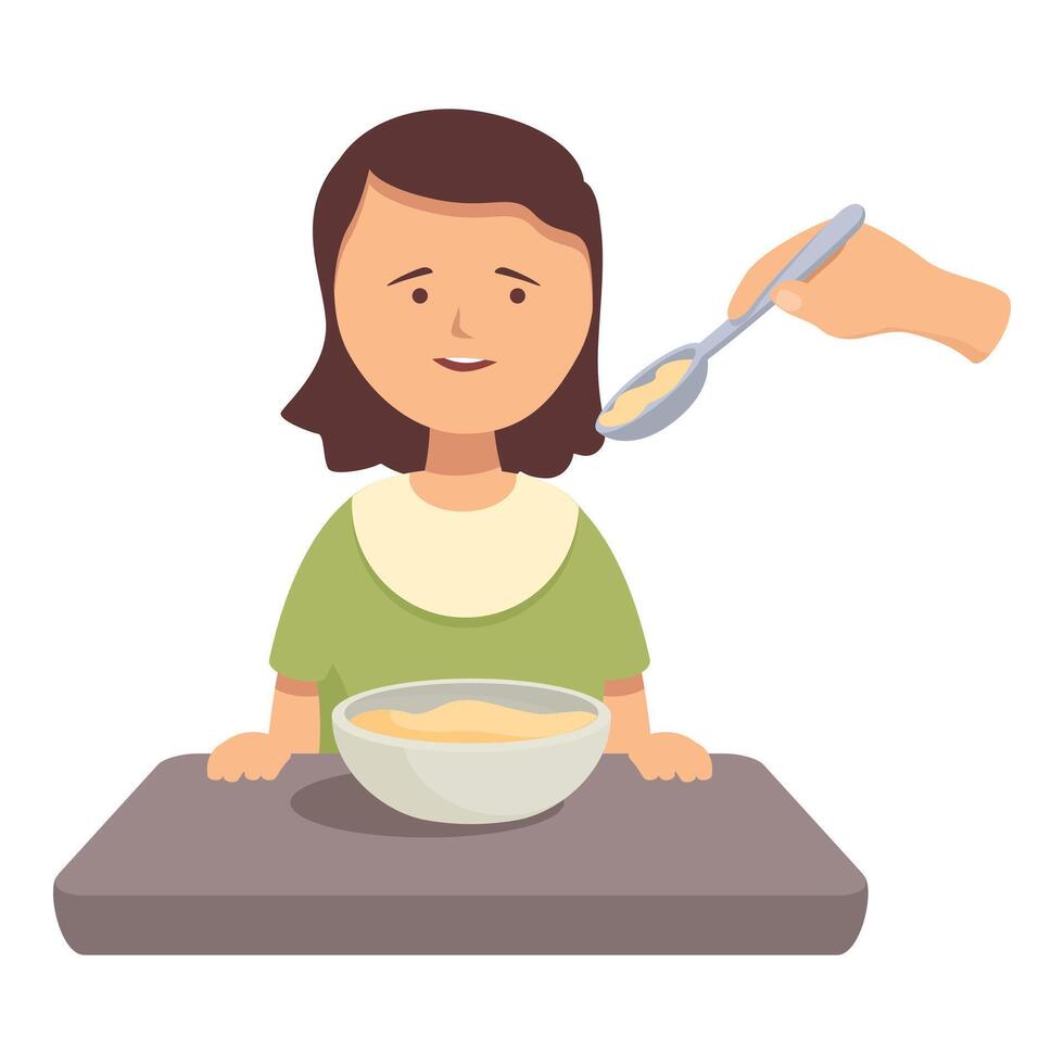 Happy little girl eating porridge from bowl at kitchen table being fed by parent vector
