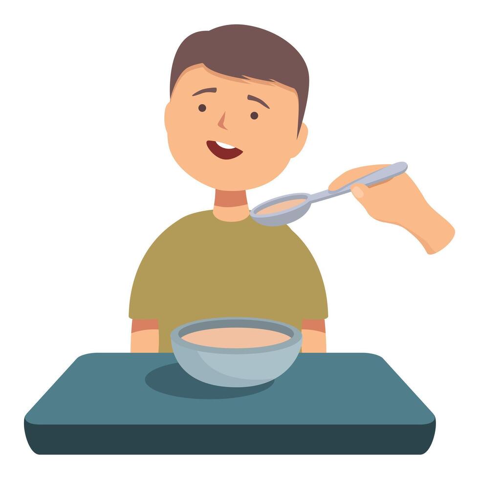 Happy boy eating soup being fed by person at table vector