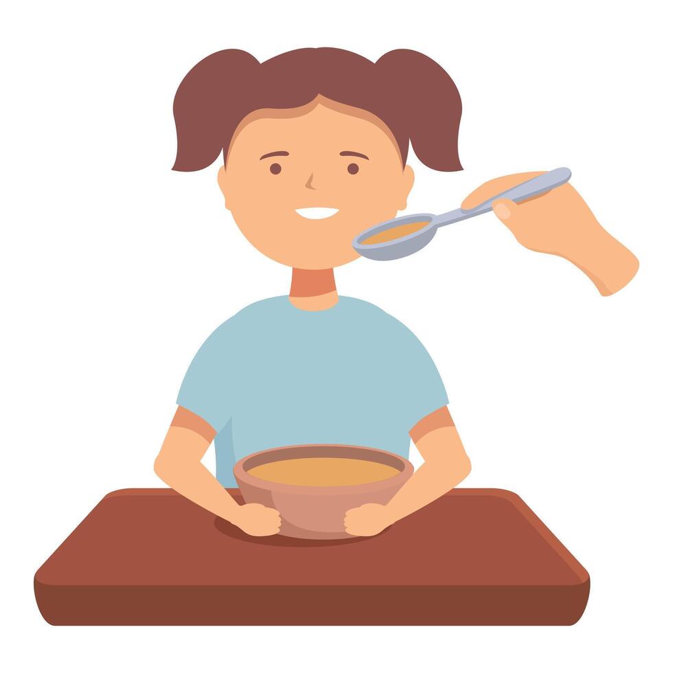 Happy little girl being fed soup by a nurse or nanny vector