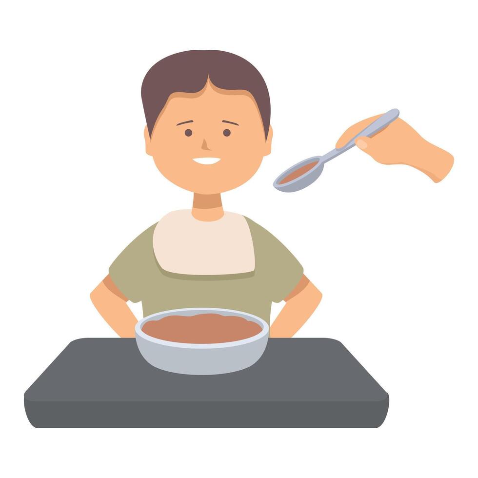 Happy baby boy eating porridge from bowl at table being fed by parent vector