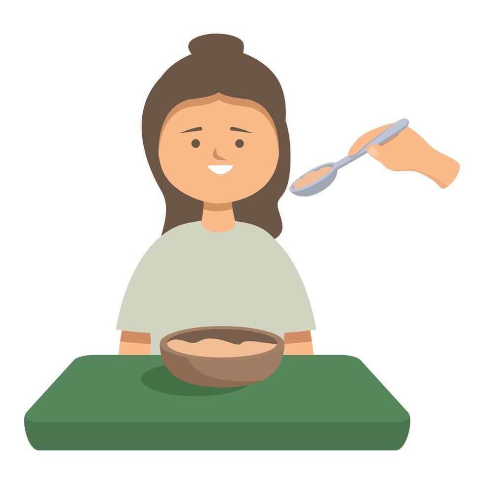 Nurse feeding a smiling female patient sitting at a table vector