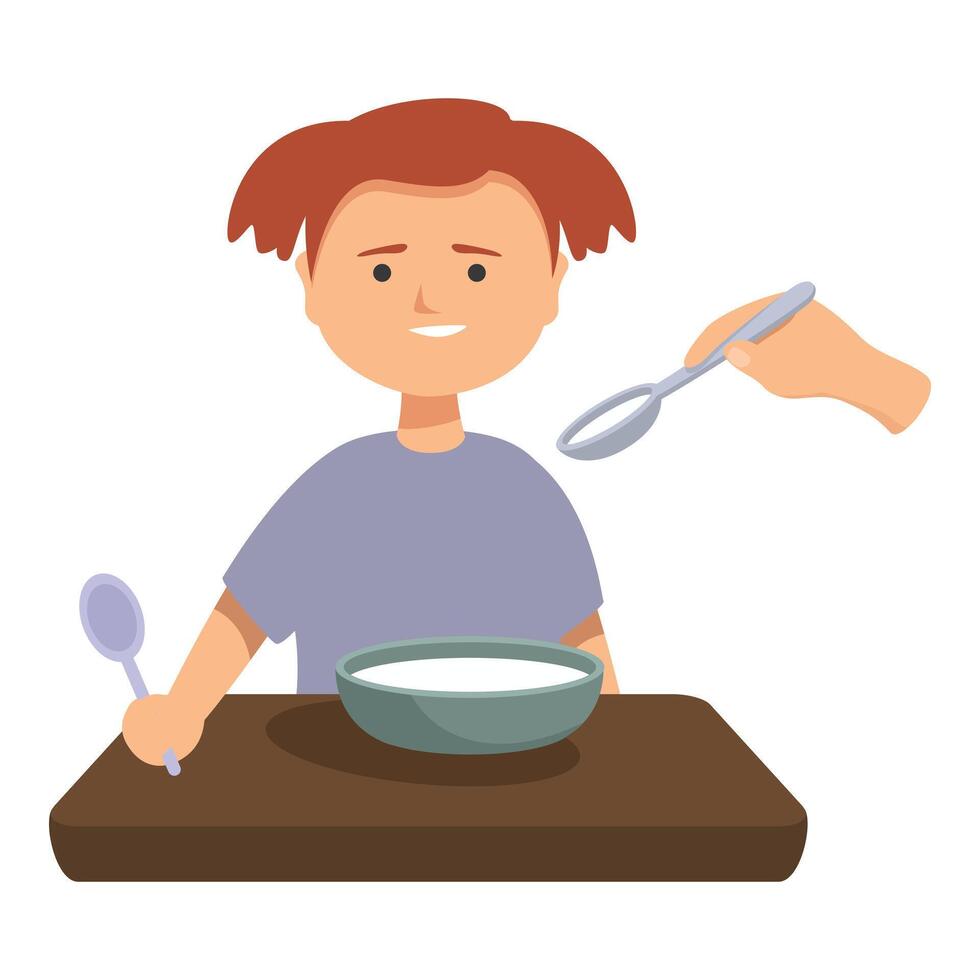 Happy child sitting at table and holding spoon getting fed by parent vector