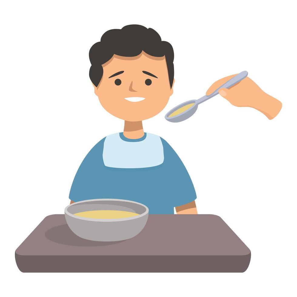Young boy is being fed soup by a nurse in a hospital setting vector