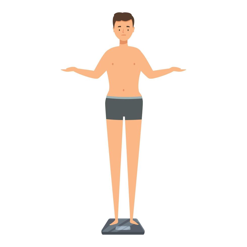 Young man checking his weight on a scale with a worried expression vector