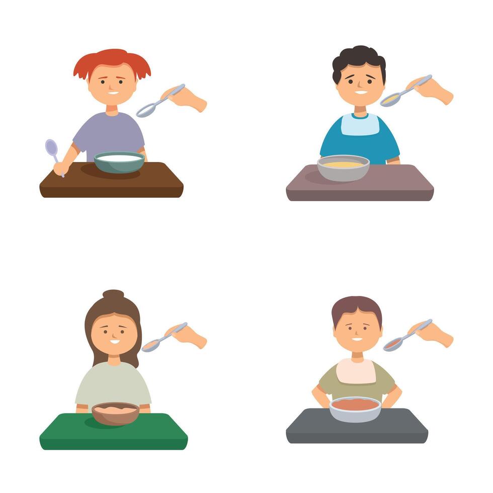 Illustration of four cartoon kids with different hairstyles and clothes happily eating their meals vector
