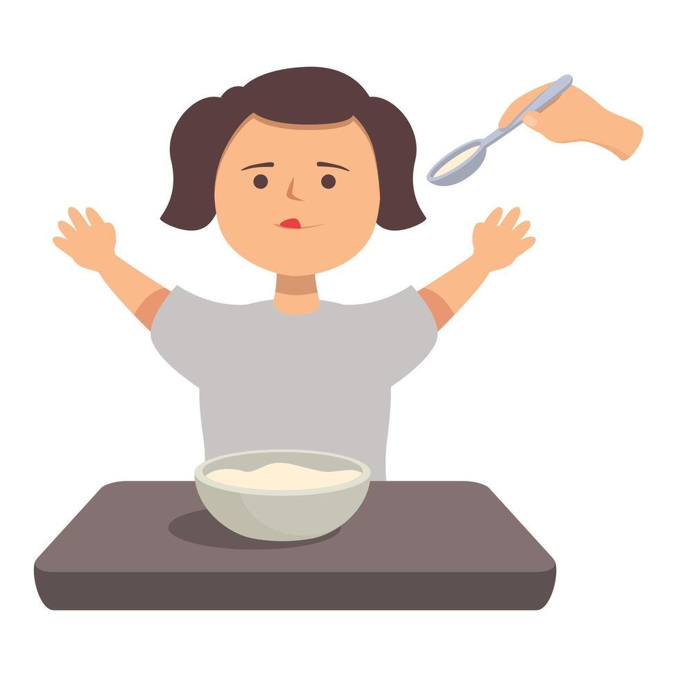 Nurse is trying to feed a little girl refusing to eat her porridge raising her arms vector
