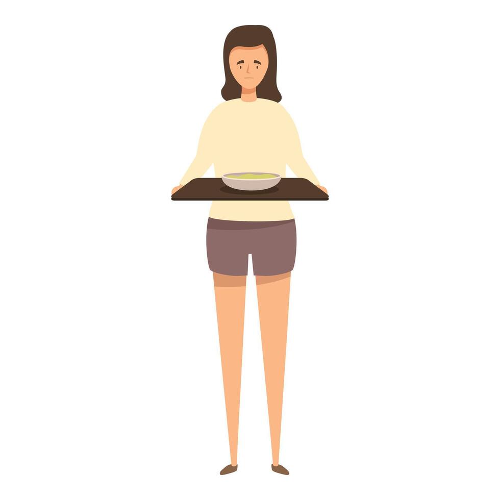 Sad young woman holding empty tray with soup bowl vector
