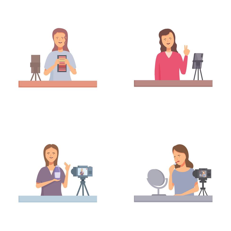 Set of podcast hosts recording episodes vector