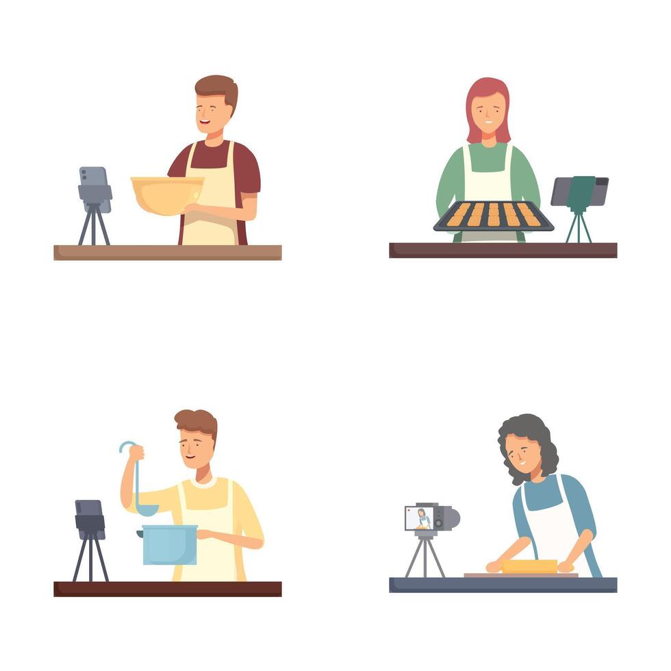 Content creators in action, cooking, baking, cleaning, and crafting vector