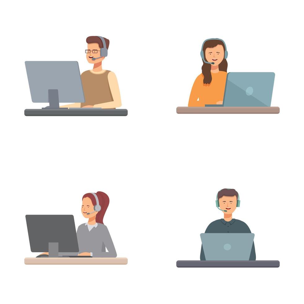Set of diverse people working on computers vector