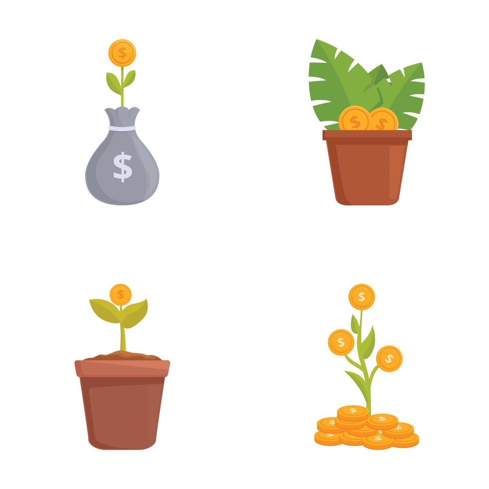 Four colorful illustrations depicting money growth concepts, including plants and coins vector