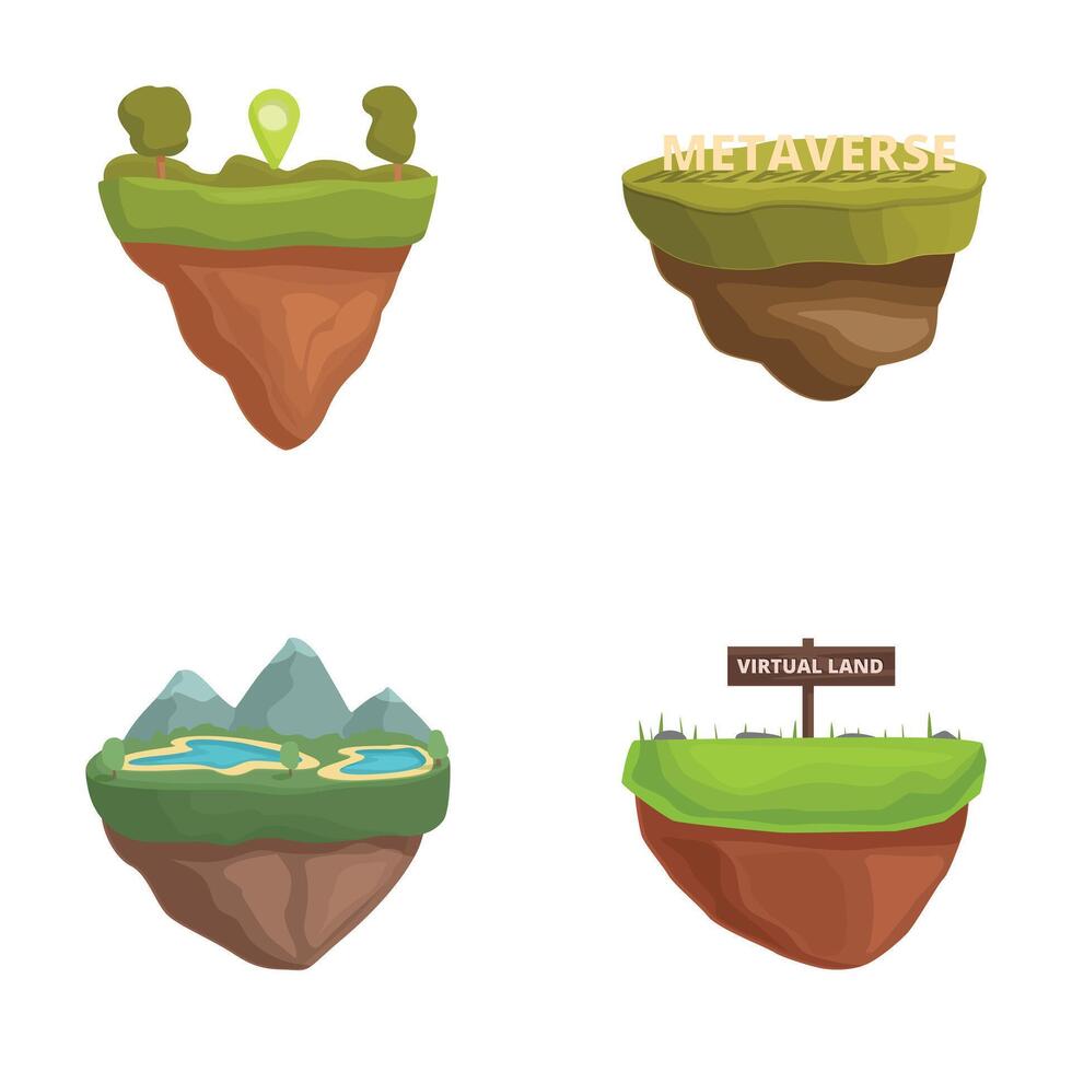 Set of four stylized floating islands representing virtual worlds and metaverse concepts vector