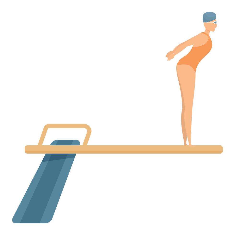 Female swimmer standing on springboard preparing to jump vector