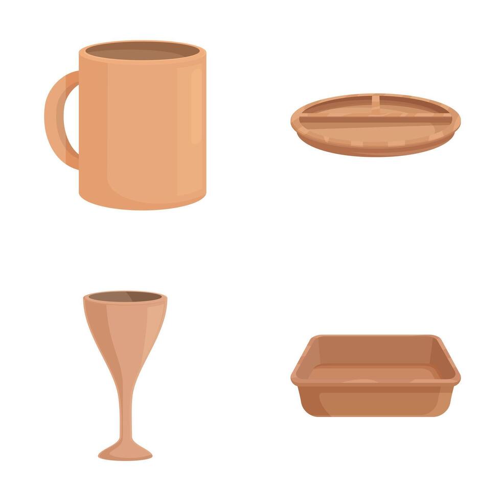 Set of brown ceramic tableware isolated on white vector