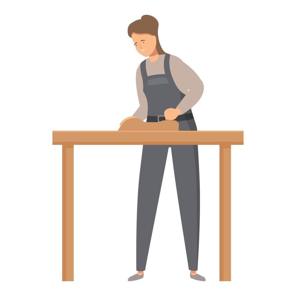 Carpenter woman working wood using plane tool standing at table vector