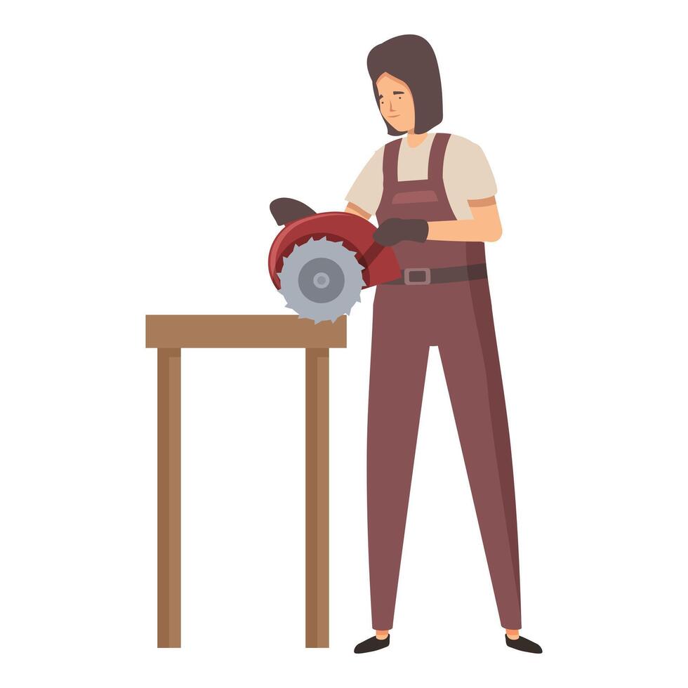 Female carpenter cutting wooden plank using circular saw, carpentry work vector