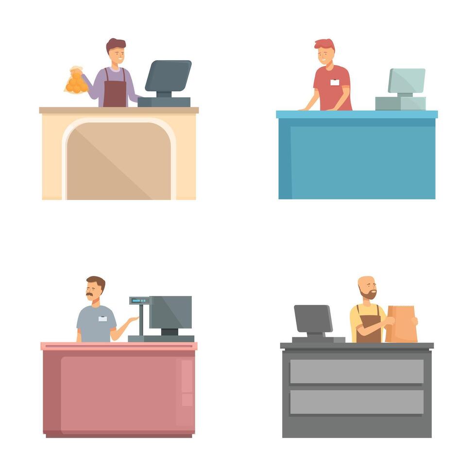 Set of illustrations of cashiers at workstations vector