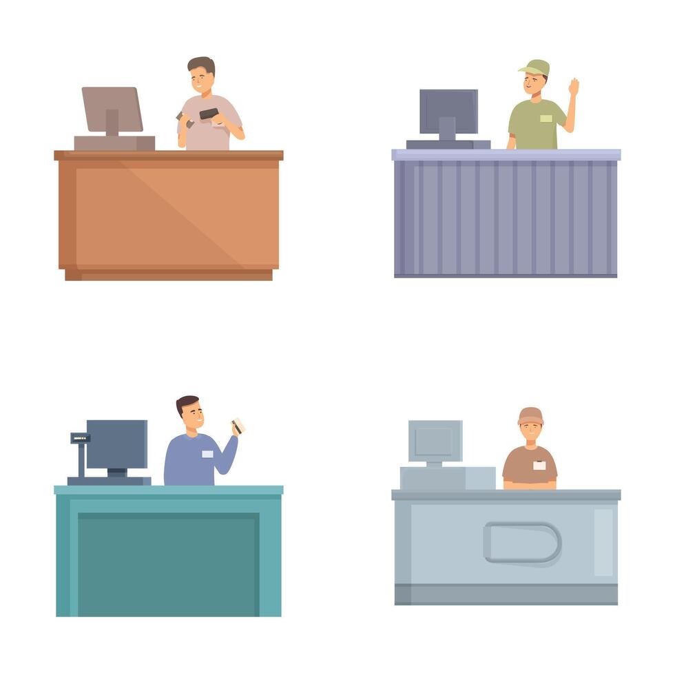 Set of cashiers working at checkout counters vector