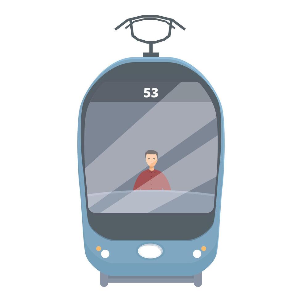 Tram driver looking out of windshield riding through city vector