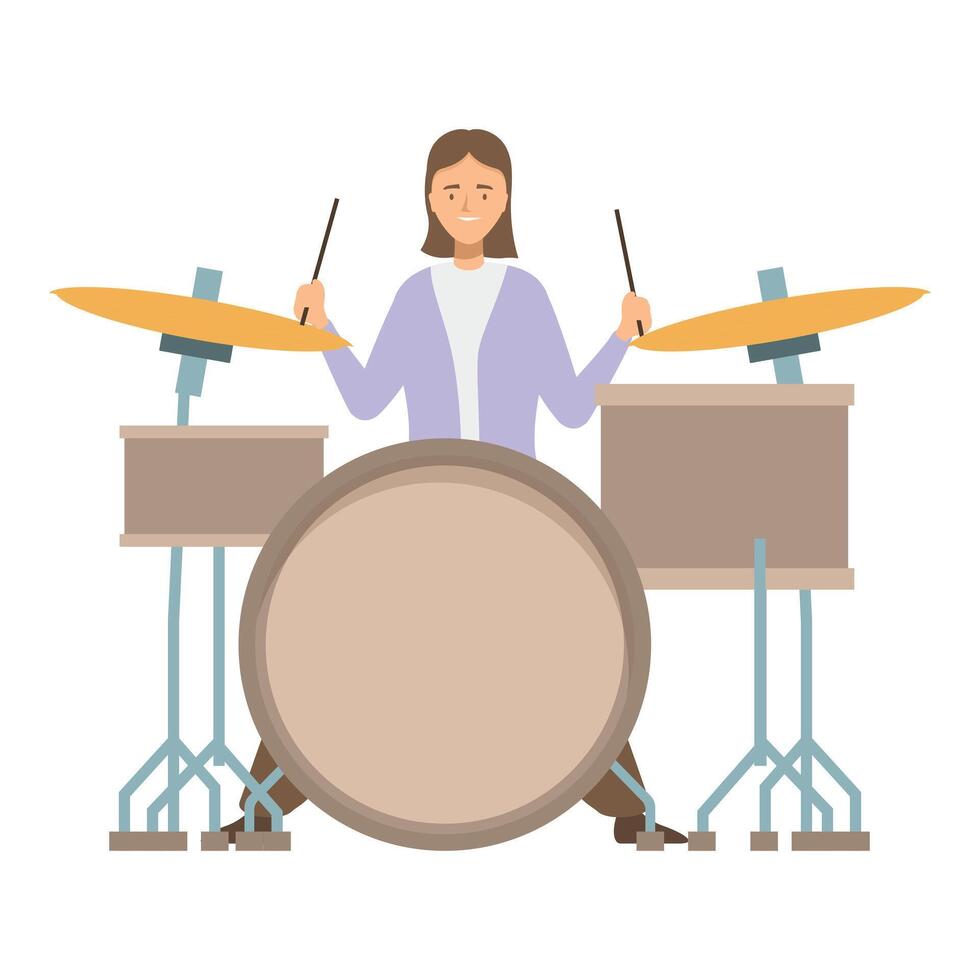 Female drummer playing drums enthusiastically on stage vector