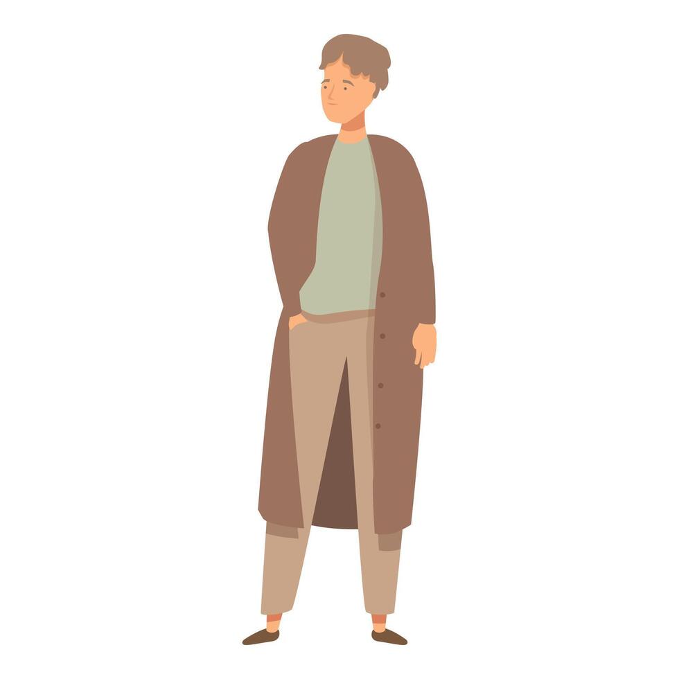 Young man standing in brown coat posing with hand in pocket vector