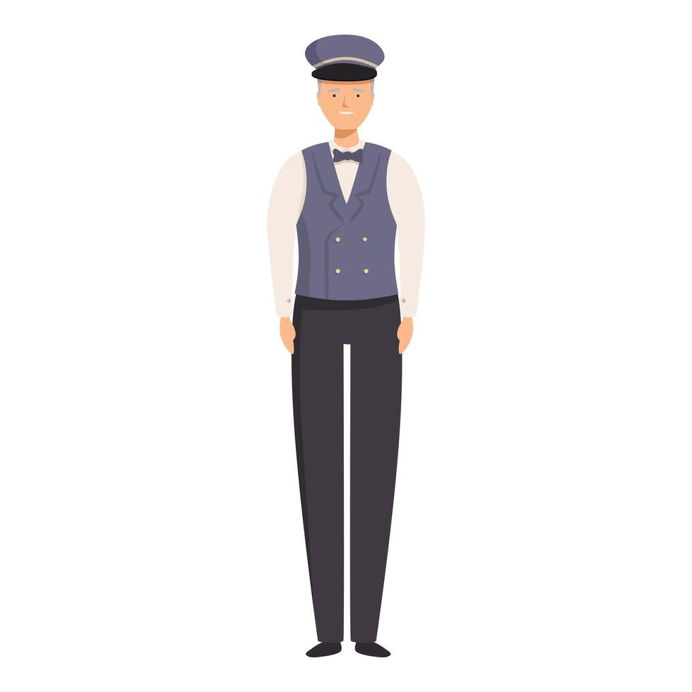Smiling hotel porter standing wearing uniform with cap and bow tie vector