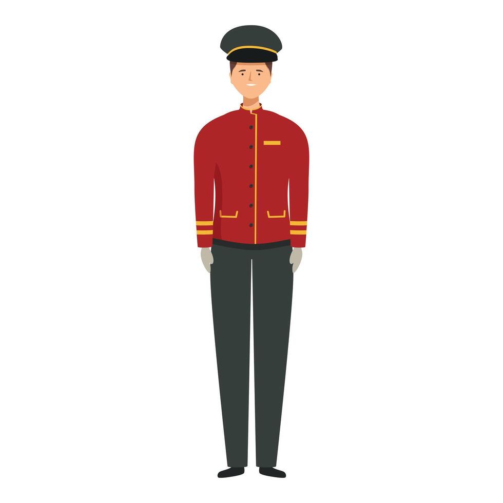 Smiling hotel porter wearing uniform standing upright greeting guests vector