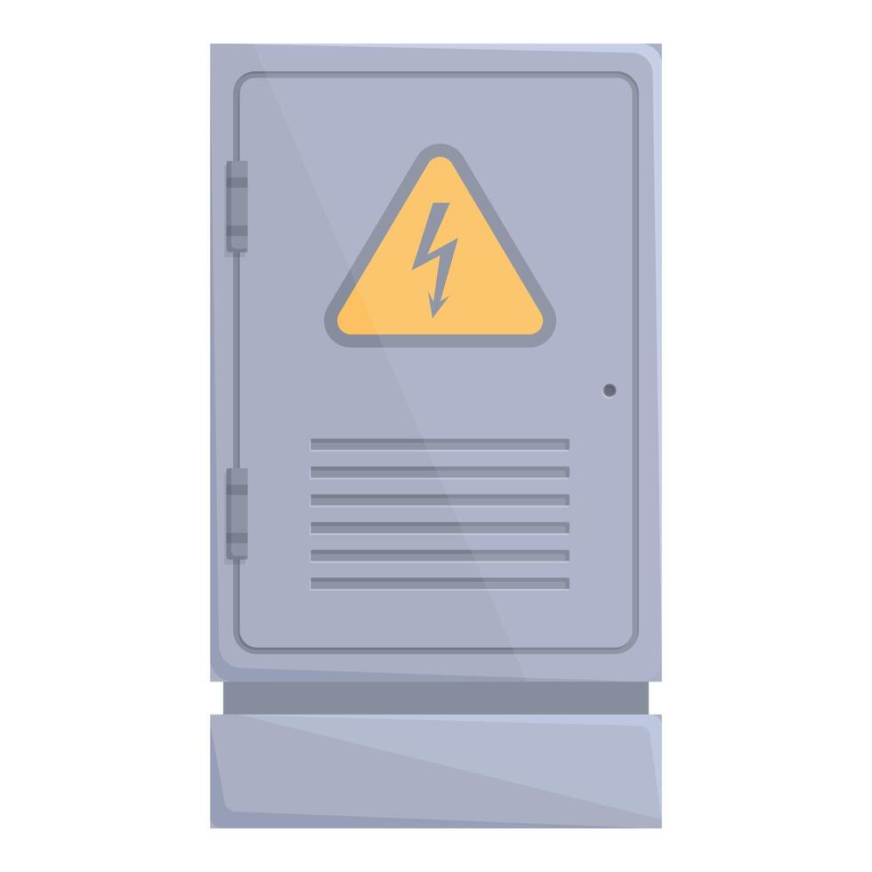 Grey metal electrical cabinet with high voltage sign standing on concrete base vector