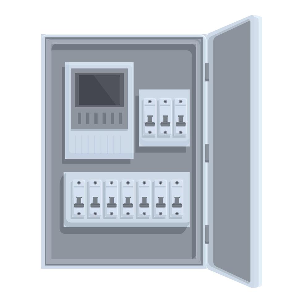 Open electrical panel showing circuit breakers and meter is being serviced by electrician vector