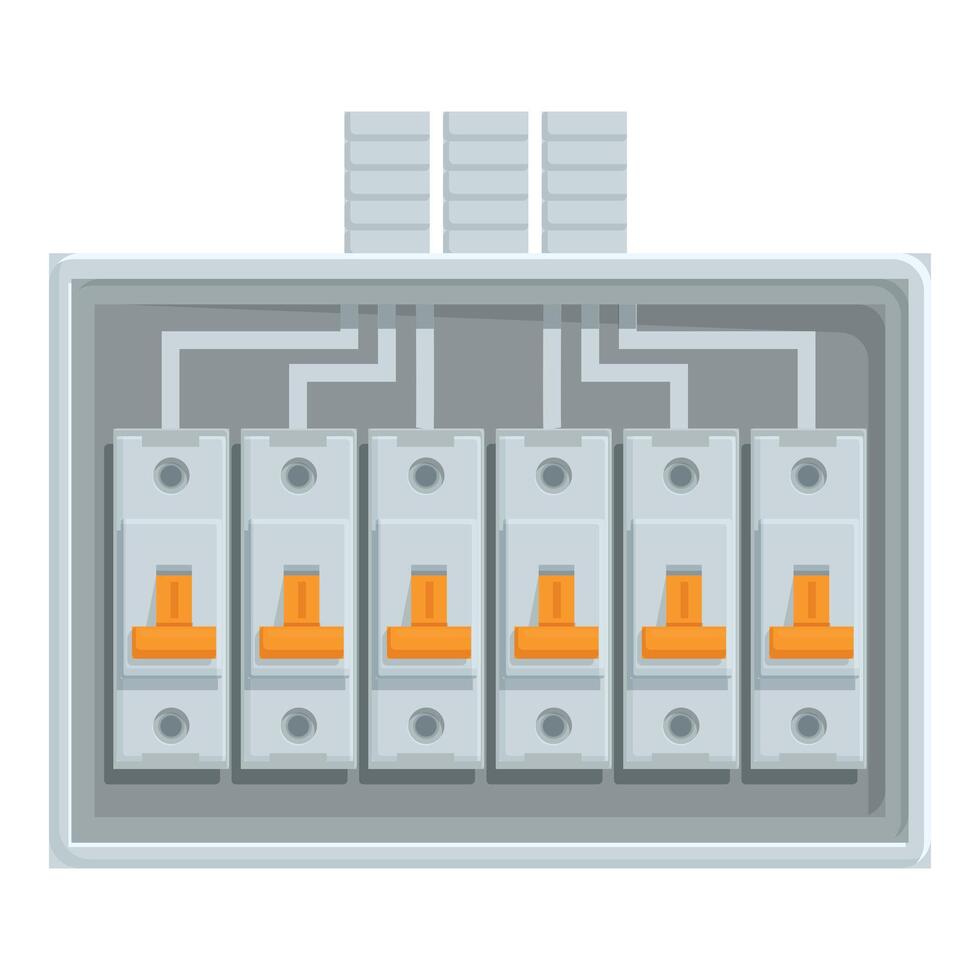 Electrical panel with six circuit breakers controlling power supply vector
