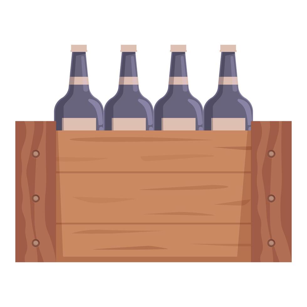 Wooden crate holding four dark glass bottles with blank labels vector