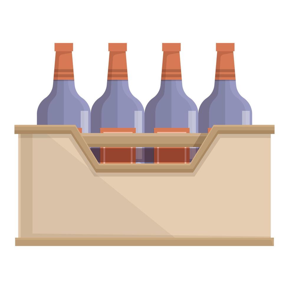 Four bottles of wine standing in a wooden box are ready for transportation to customers vector