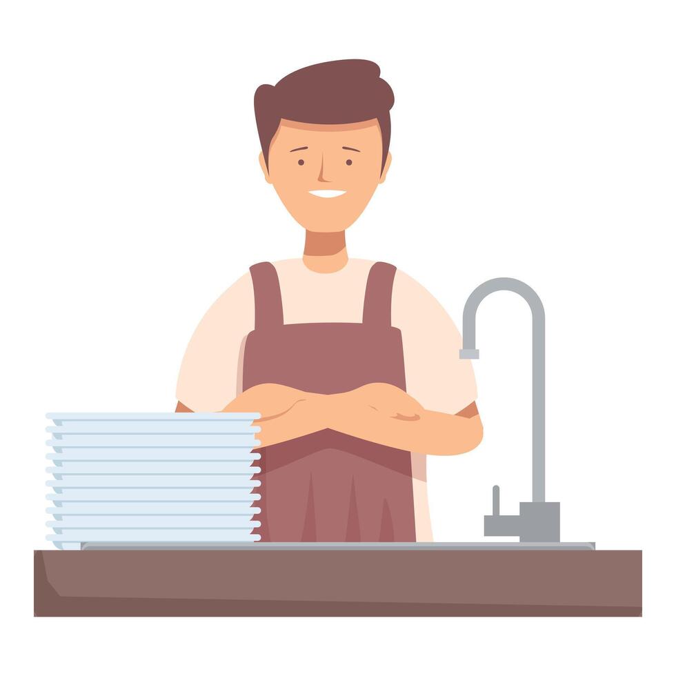 Dishwasher smiling proudly with arms crossed behind stack of clean plates in a restaurant kitchen vector
