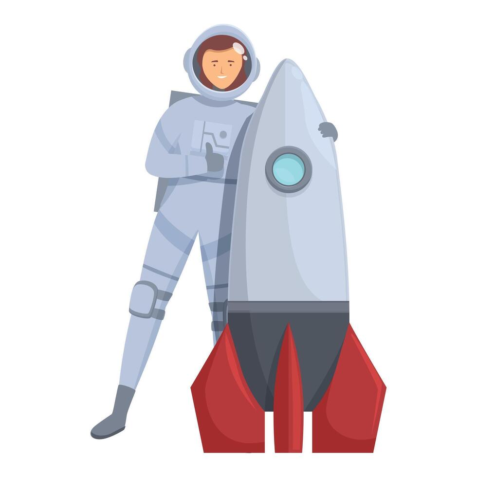 Smiling astronaut giving thumbs up standing near big space rocket vector
