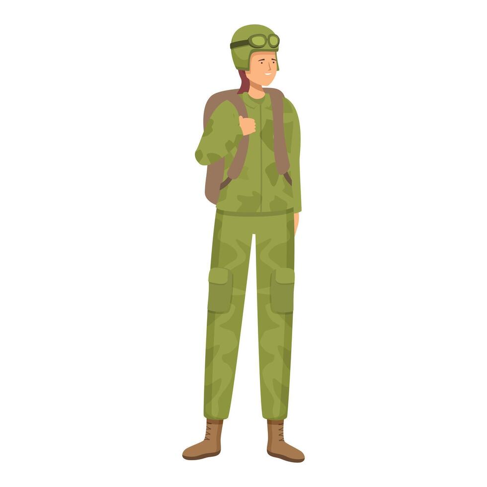 Confident female soldier wearing camouflage uniform standing with backpack vector