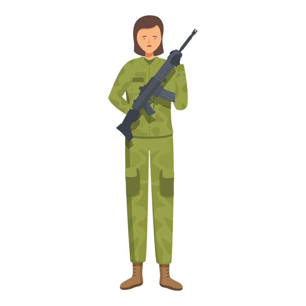 Confident female soldier holding rifle posing in standing position vector