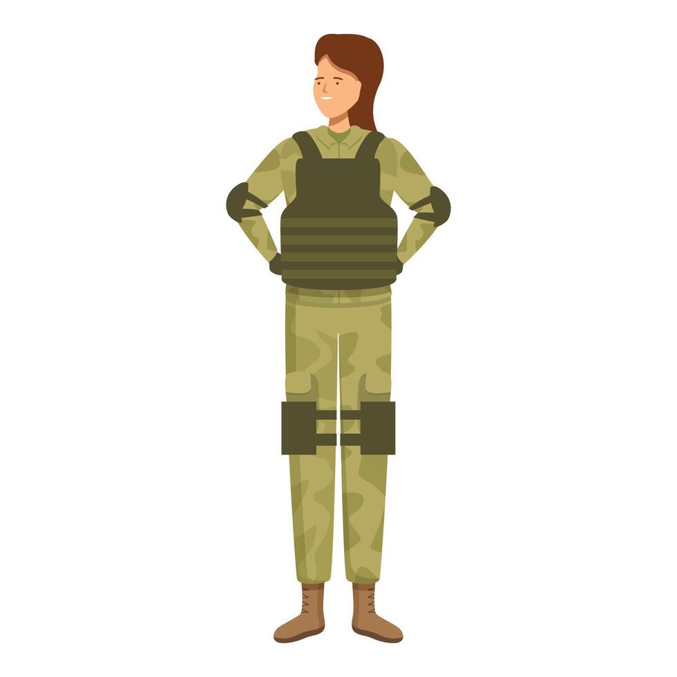 Smiling confident female soldier standing at attention in full gear vector