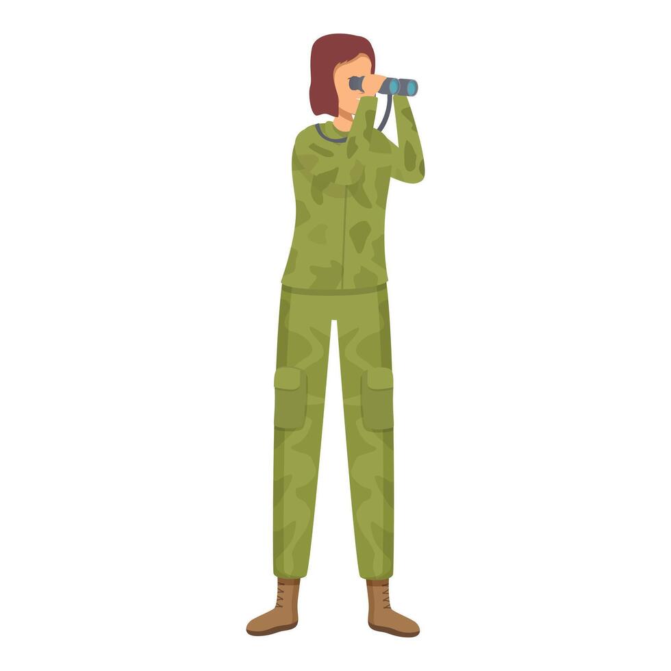 Female soldier standing and using binoculars for surveillance vector