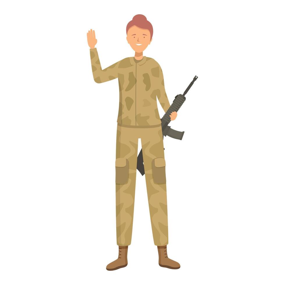 Smiling female soldier holding rifle waving greeting vector