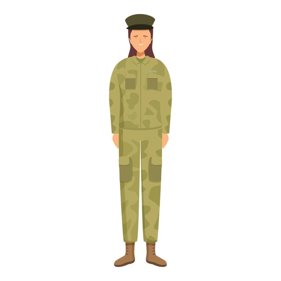 Smiling young woman soldier wearing camouflage military uniform standing at attention vector