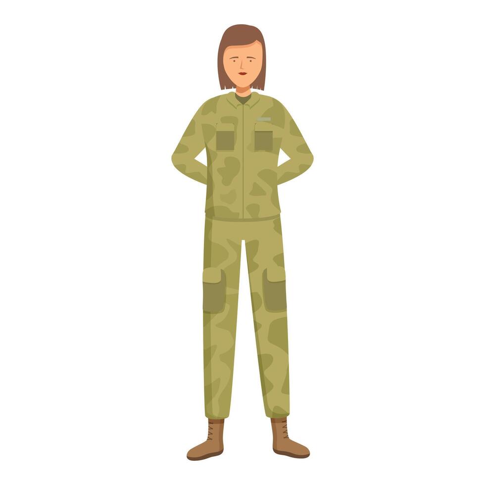 Young female soldier standing at attention in camouflage uniform vector