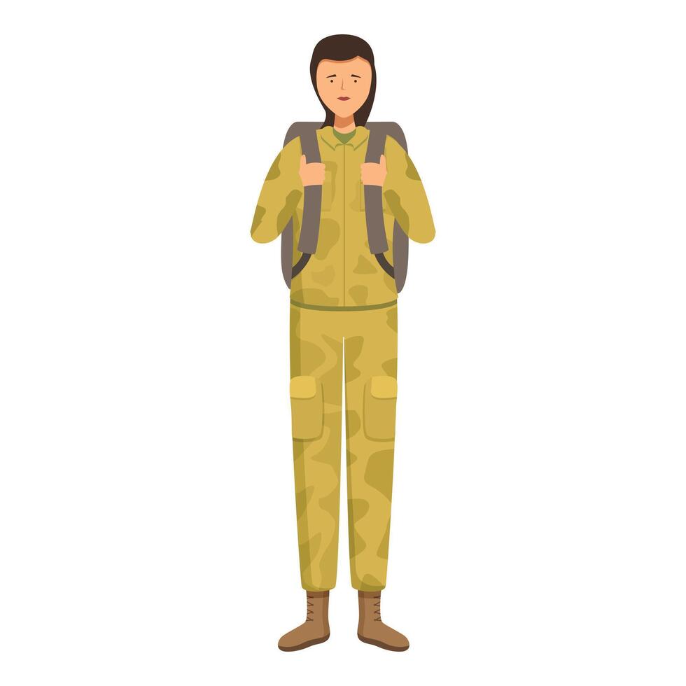 Female soldier is standing in full uniform, carrying a backpack, ready for deployment vector
