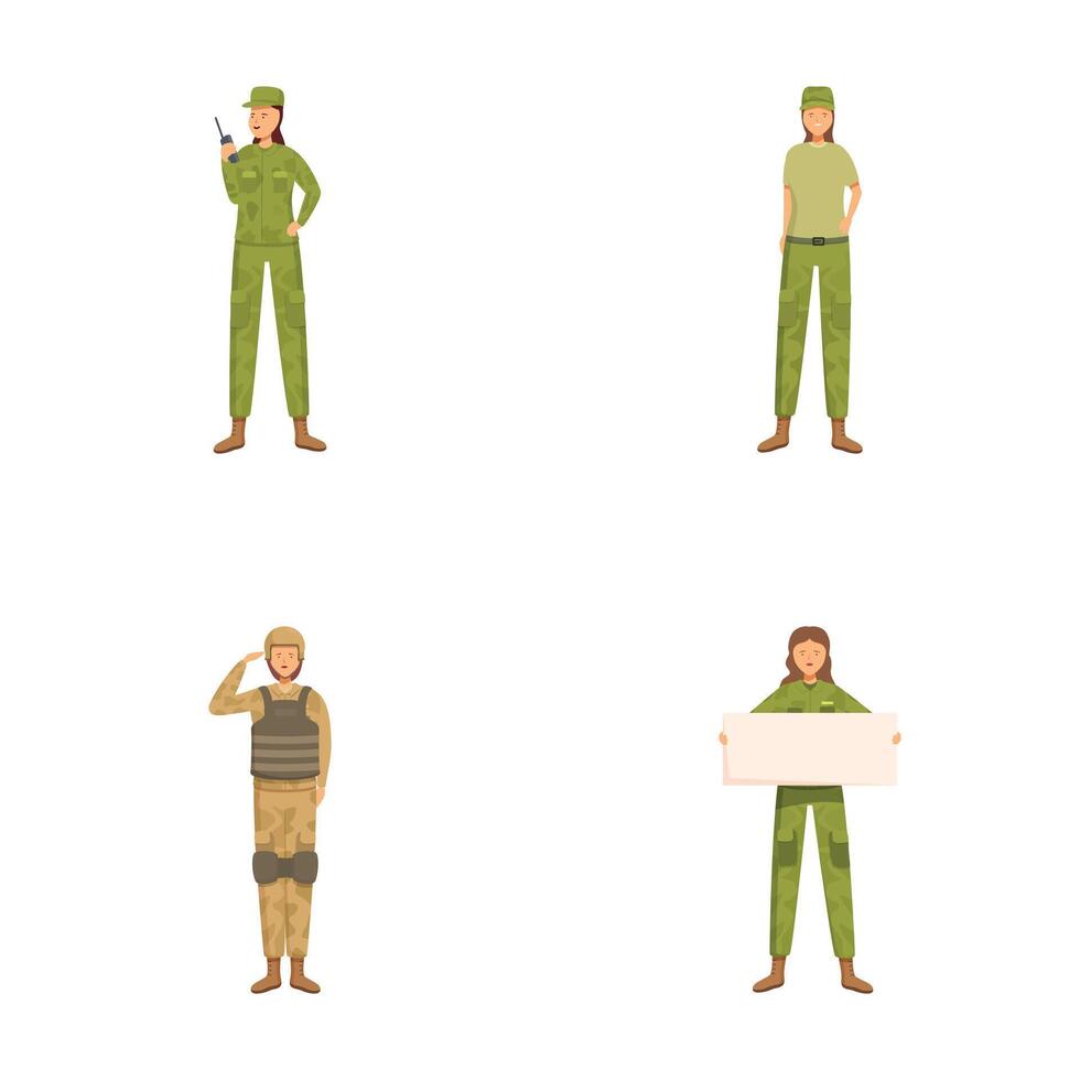 Set of four illustrations representing military characters in various poses and uniforms vector