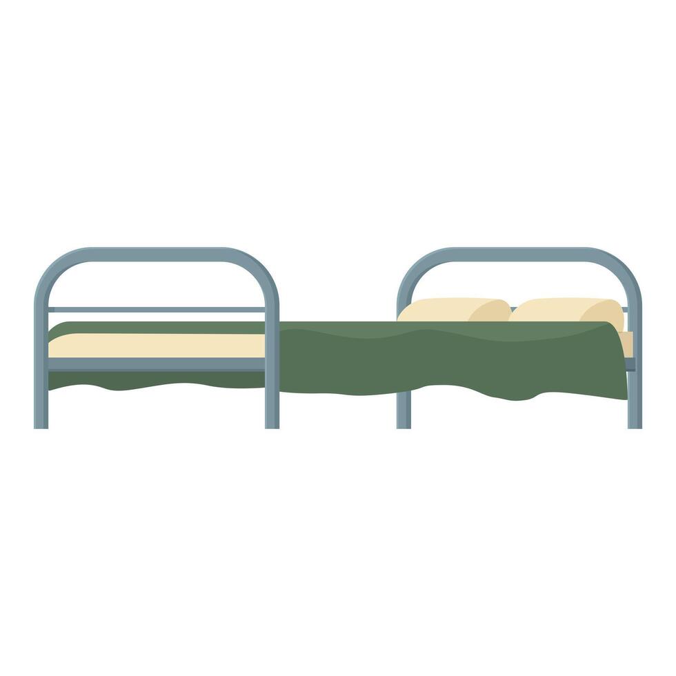 Metal frame single bed with mattress and blanket for hostel or campsite vector