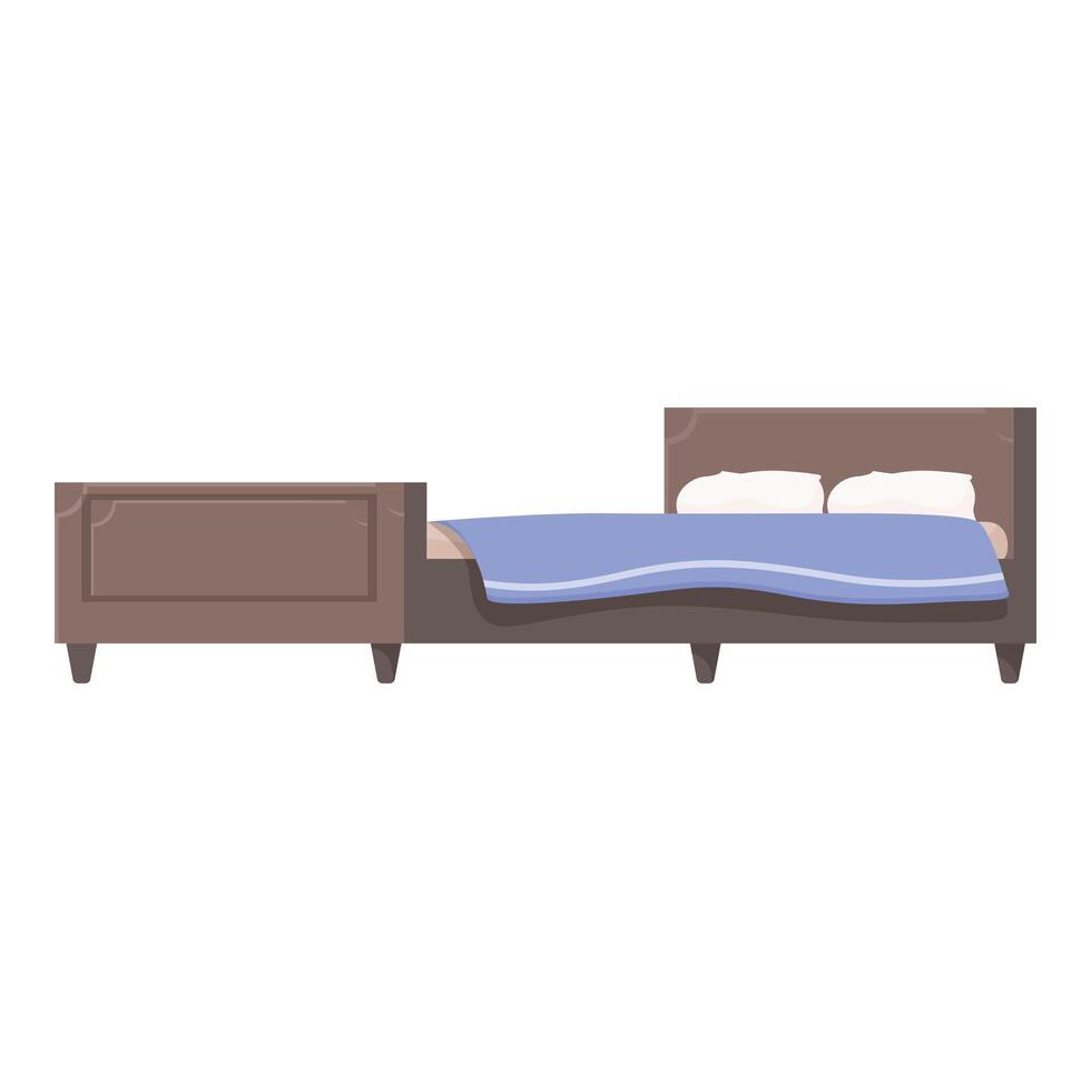 Big double bed with wooden frame and blue sheets is standing in empty room vector