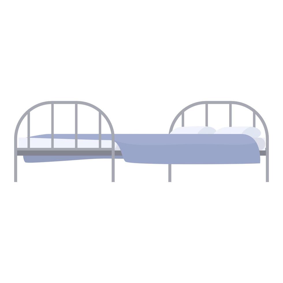 Empty metal double bed frame with mattress, pillows and a blanket hanging down isolated on white background vector